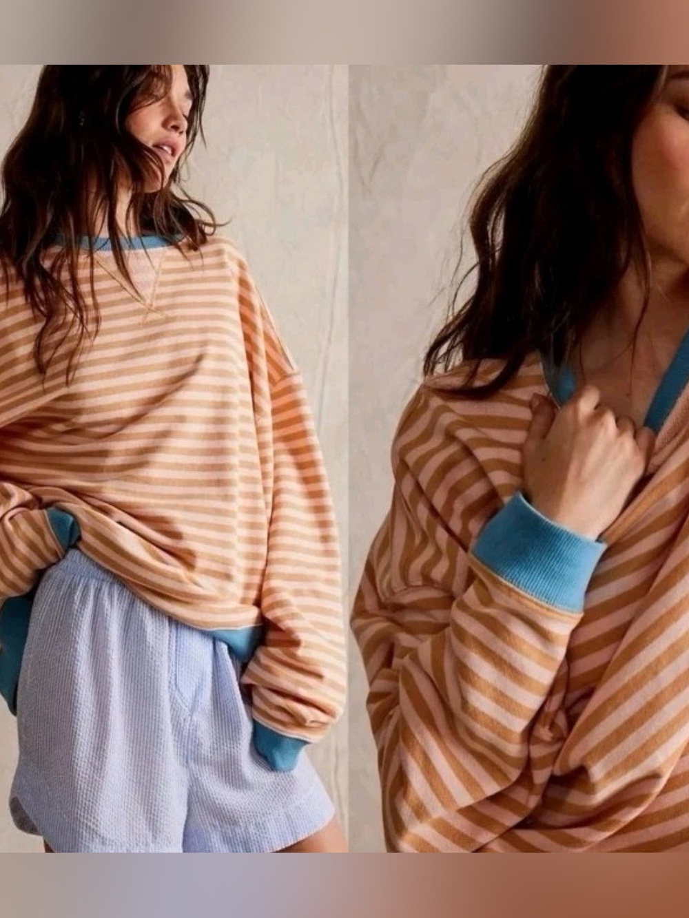 Free People Classic Striped Oversized Crewneck Latte Combo Size small